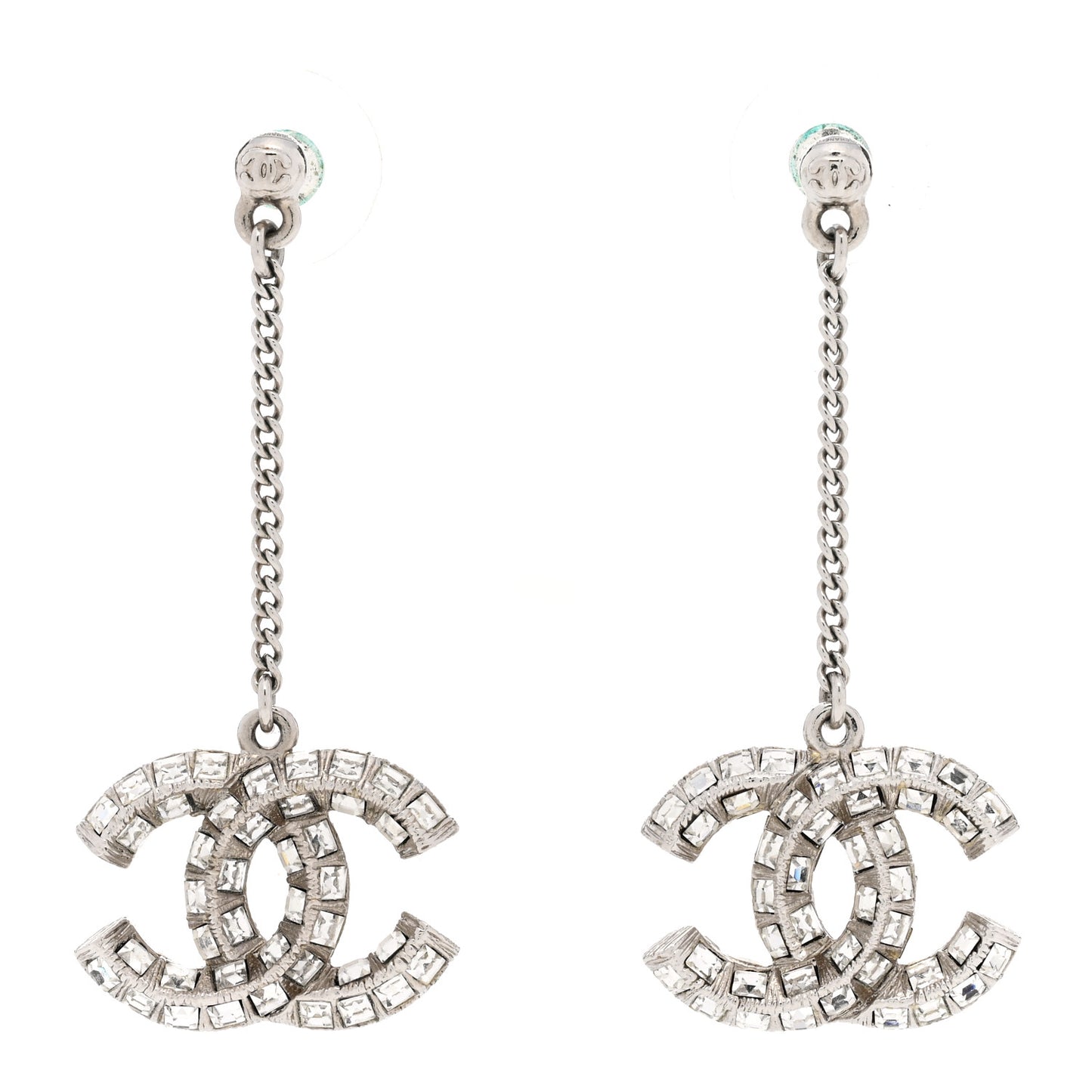 Crystal Baguette CC Dangle Earrings Silver