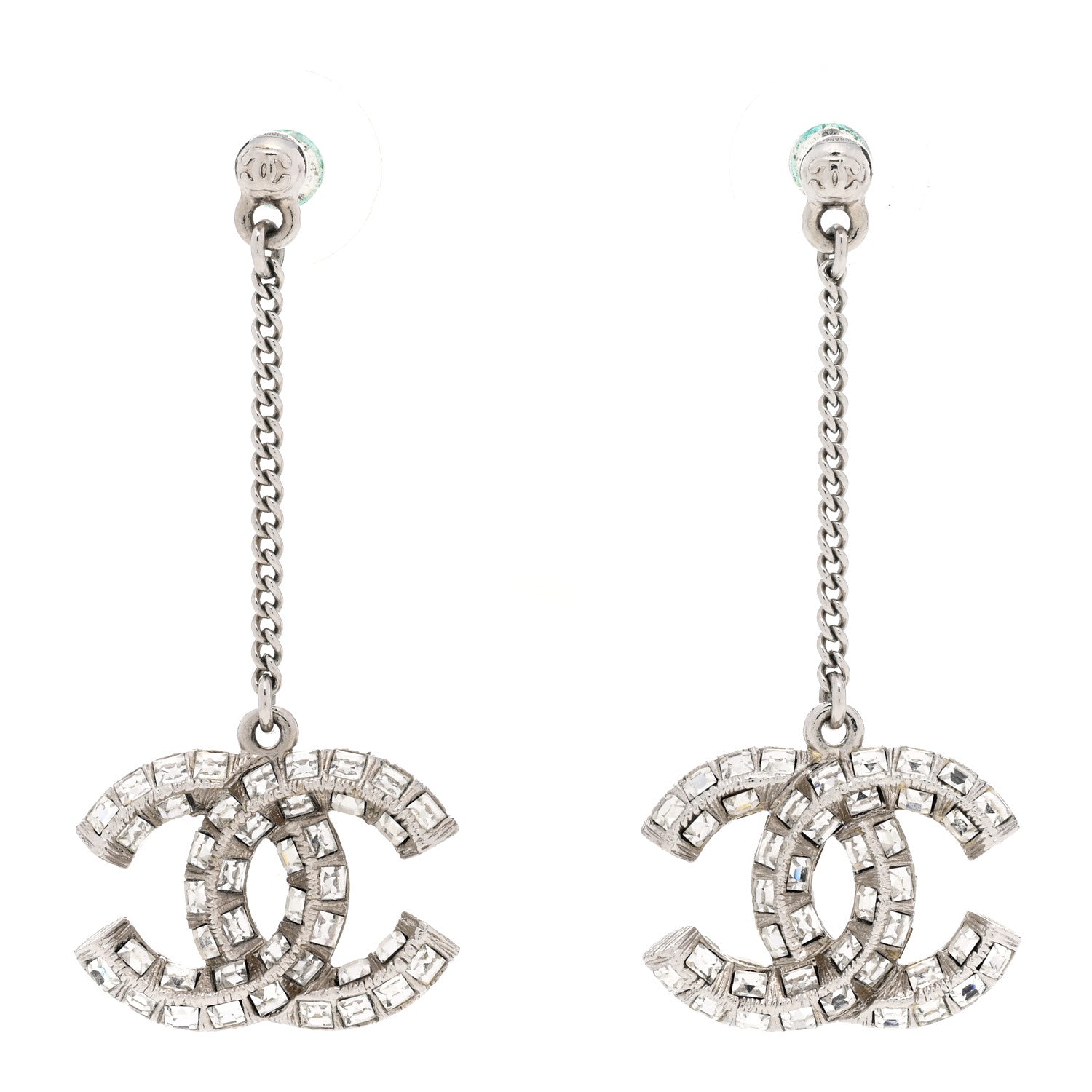 Chanel Crystal Baguette CC Dangle Earrings Silver 1 of 6