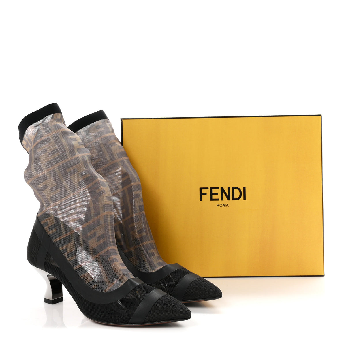Fendi Technical Mesh Vitello Gommato FF Sock Boot Pumps 36 Tobacco Moro Black 9 of 9