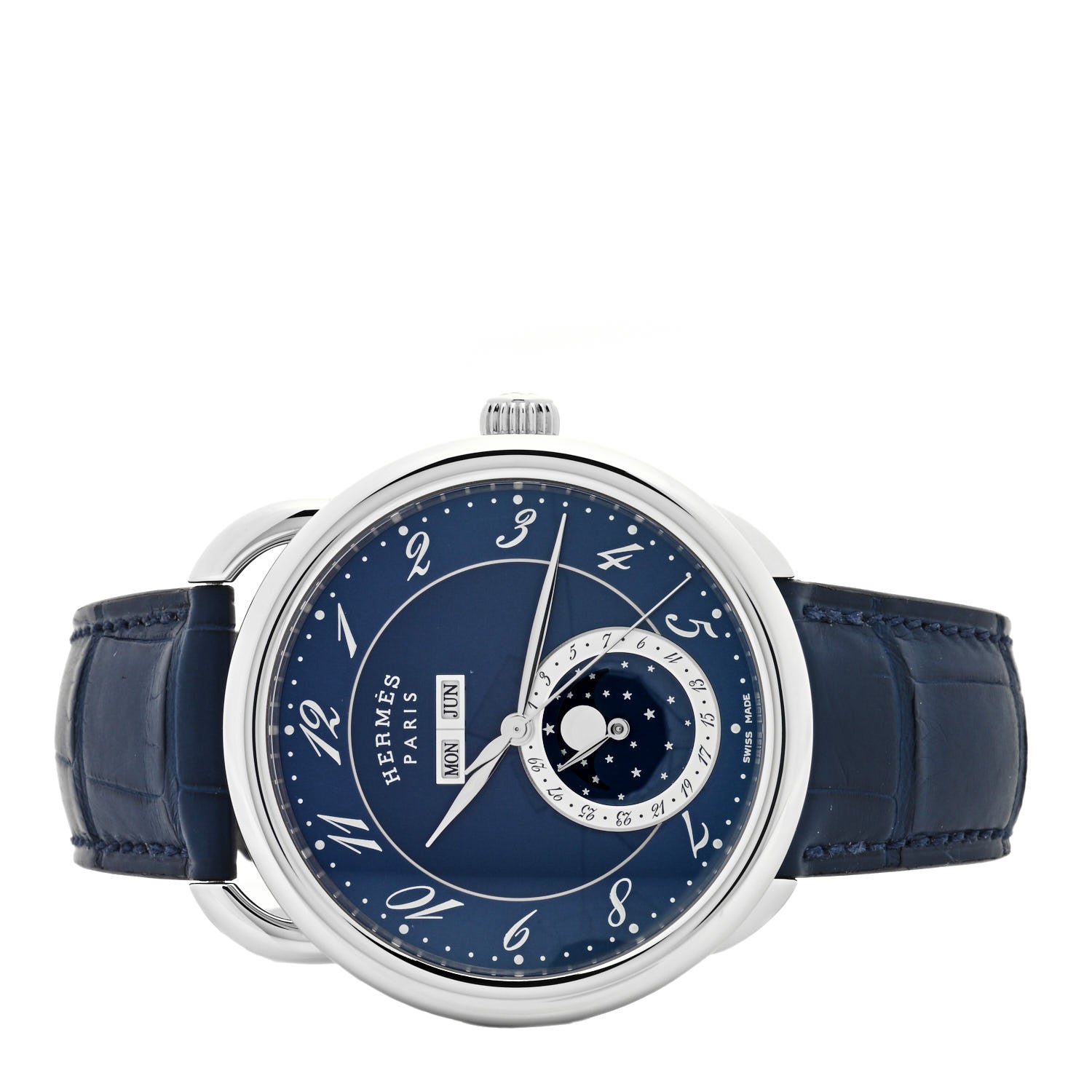 Hermes Stainless Steel Alligator 43mm Arceau Grande Lune Automatic Watch Bleu Abysse 2 of 5