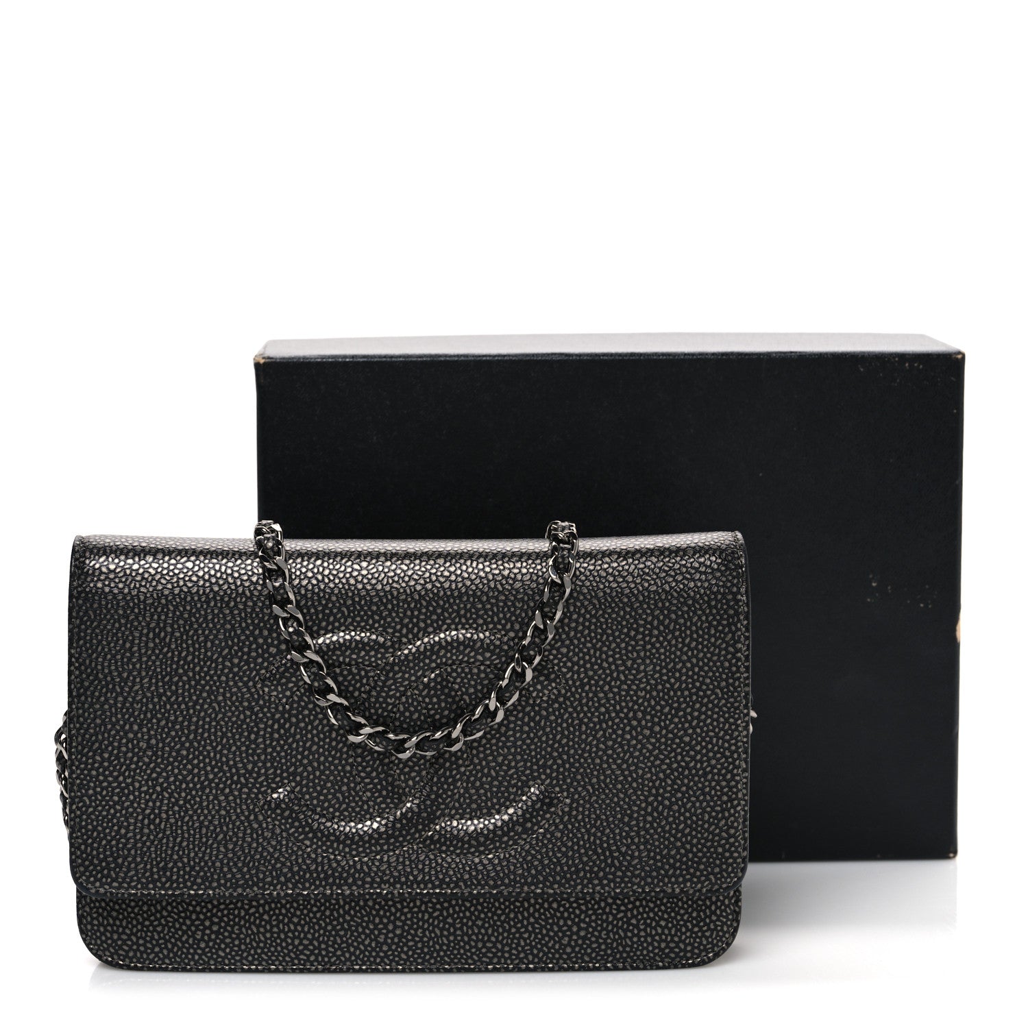 Chanel Metallic Caviar Timeless CC Wallet On Chain WOC Grey 12 of 12