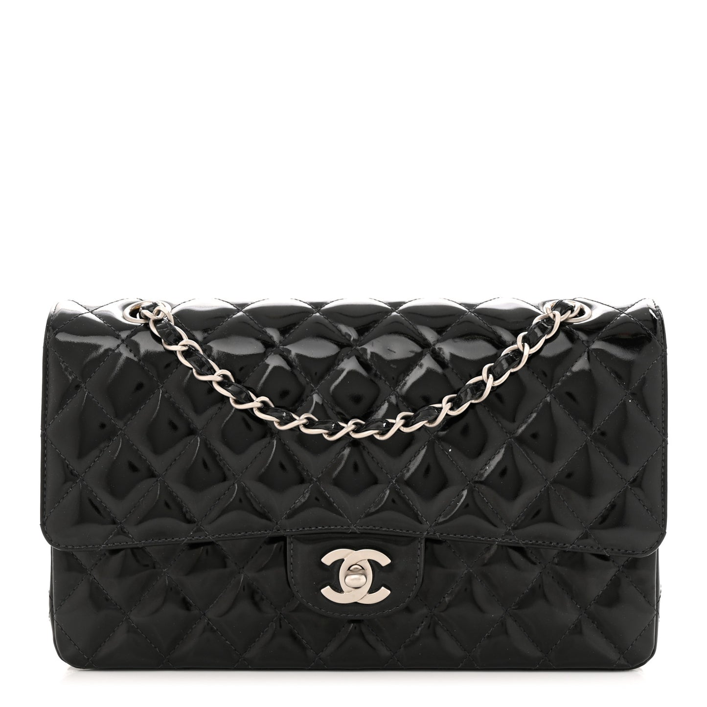 Patent Quilted Medium Double Flap Black
