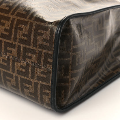 Fendi Glazed Fabric Vitello Century Plexiglass FF 1974 Stamp Patch Medium Runaway Shopper Tote Mogano Panna Black 9 of 10