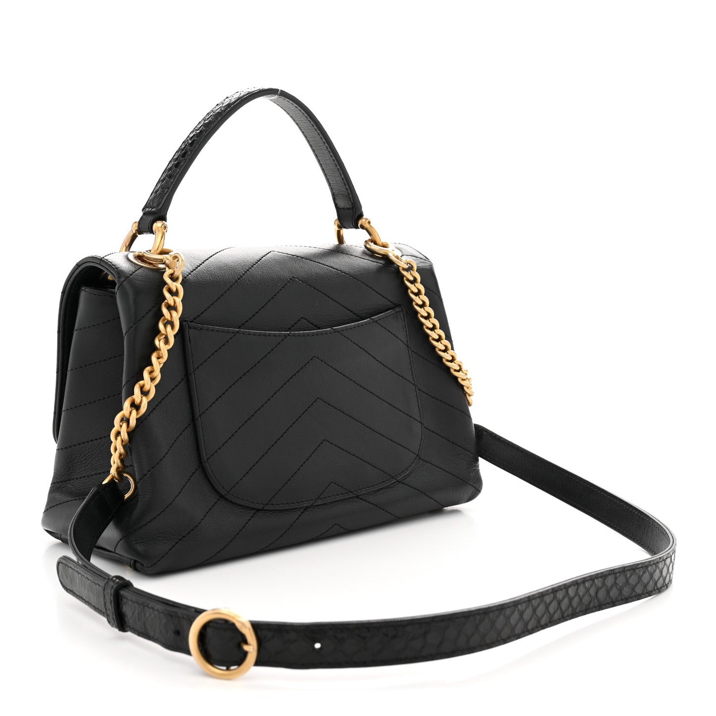 Grained Calfskin Snakeskin Small Chevron Chic Top Handle Flap Black