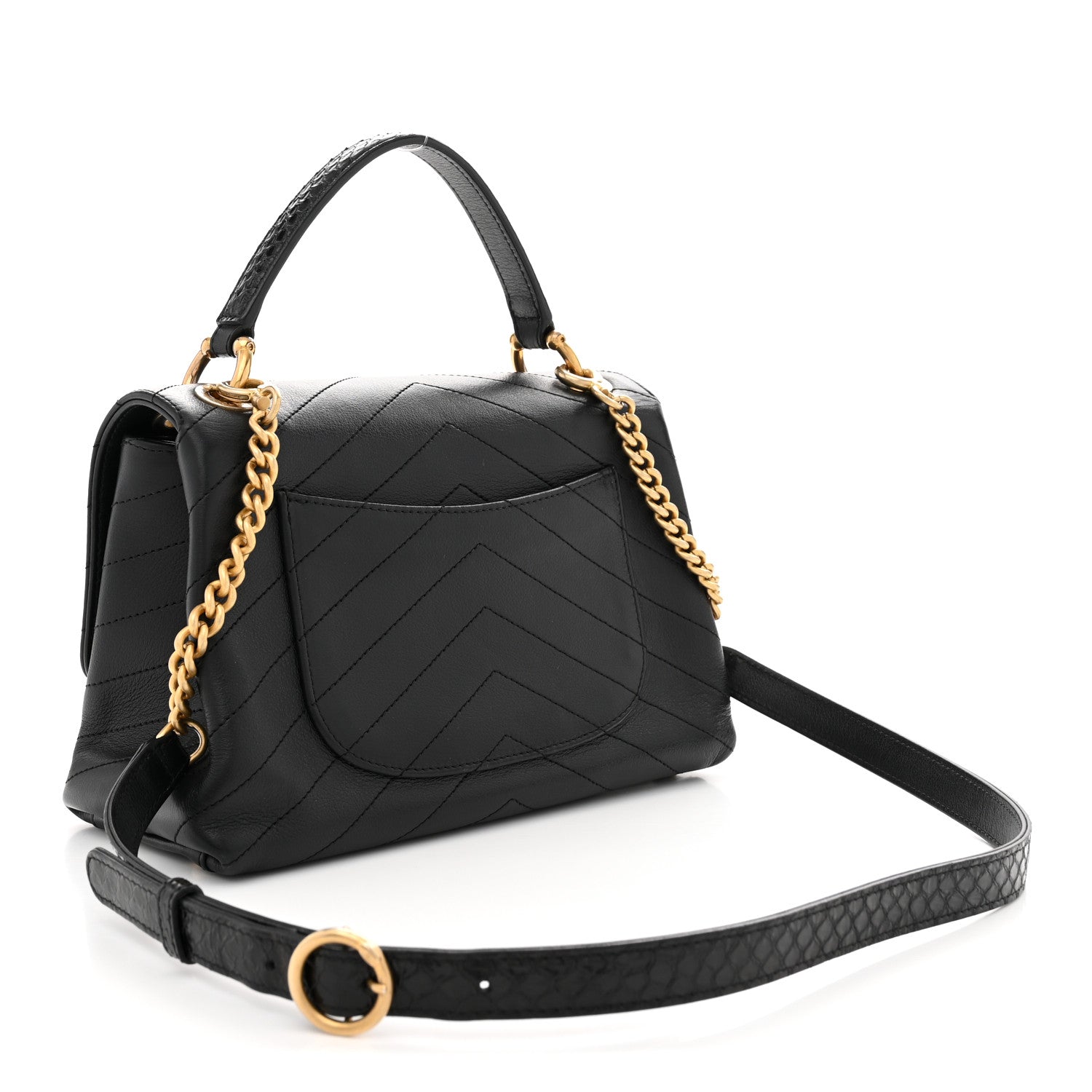 Chanel Grained Calfskin Snakeskin Small Chevron Chic Top Handle Flap Black 3 of 12