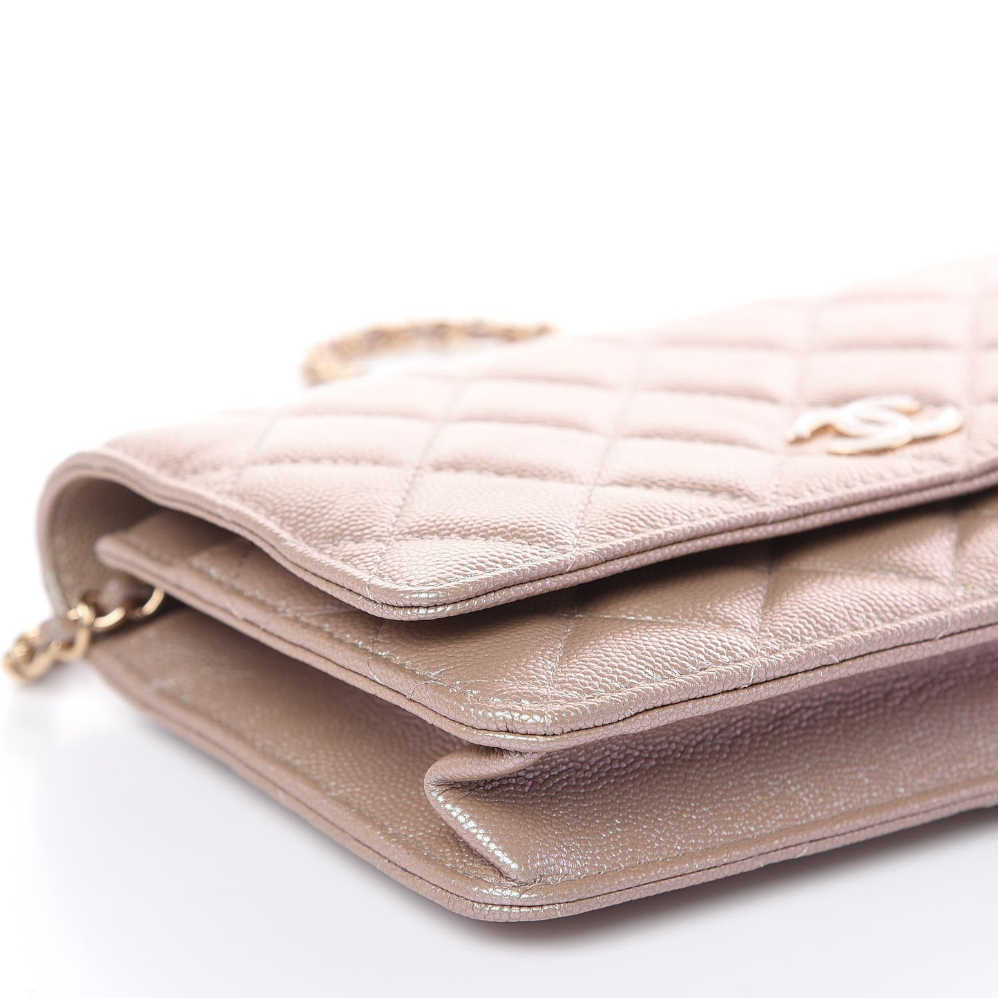 Iridescent Caviar Quilted Wallet On Chain WOC Beige