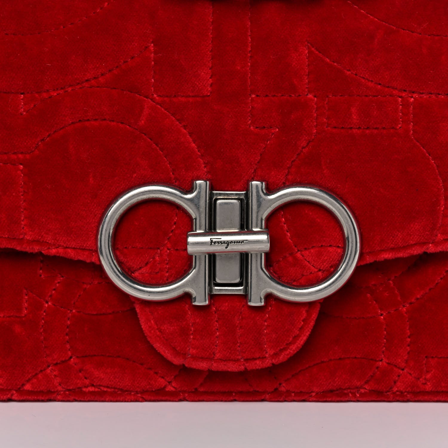 Salvatore Ferragamo Velvet Quilted Gancini Flap Bag Red 8 of 13