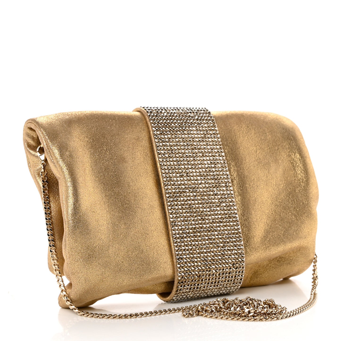 Shimmery Sheepskin Crystal Chandra Chain Clutch Gold