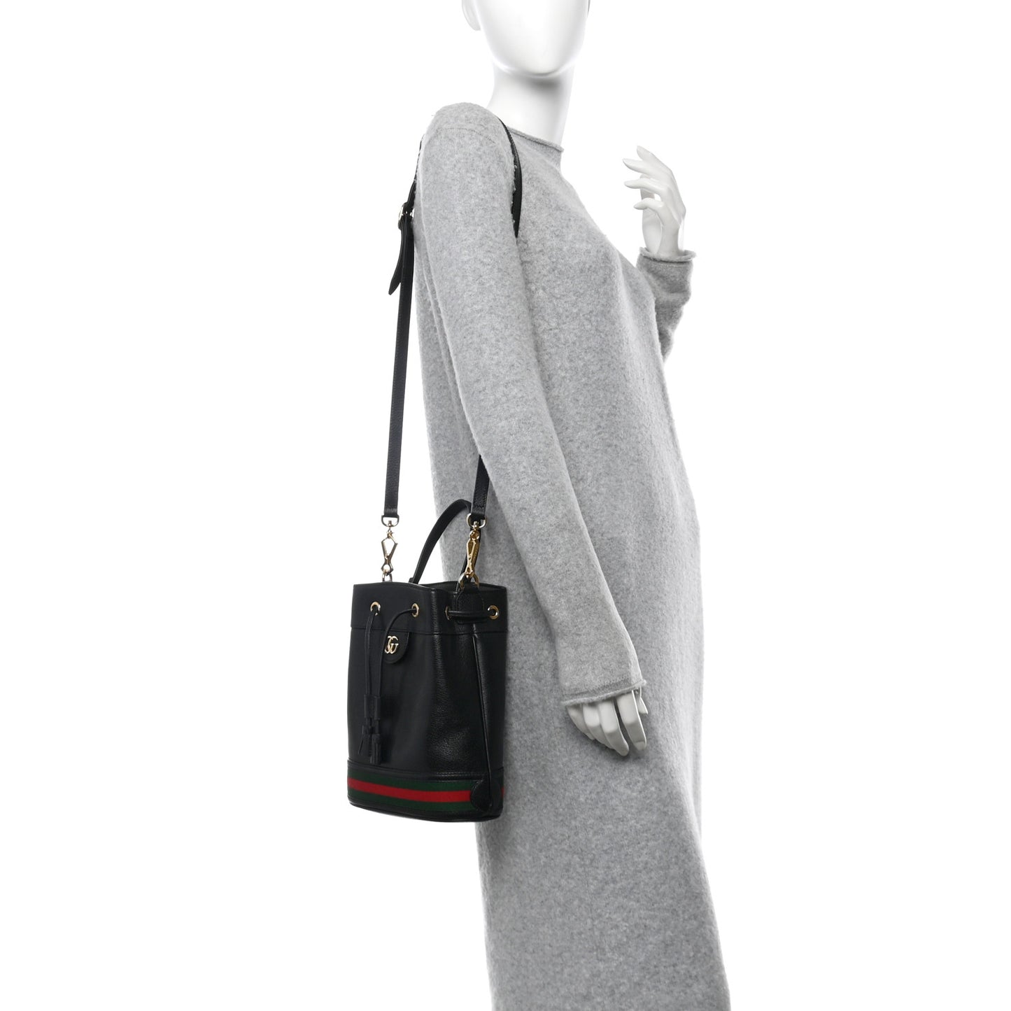 Glazed Textured Calfskin Web Small Ophidia Bucket Bag Black