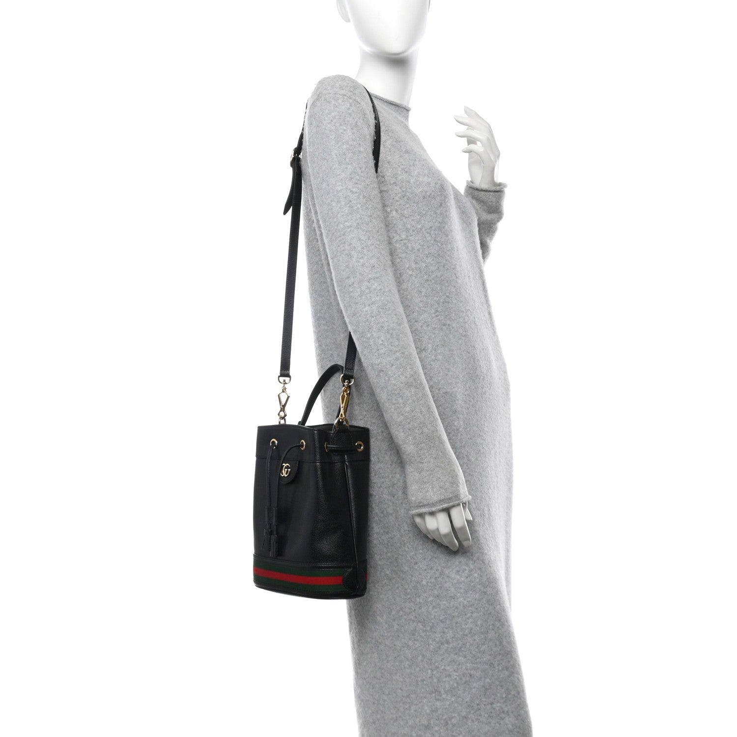 Gucci Glazed Textured Calfskin Web Small Ophidia Bucket Bag Black 2 of 10