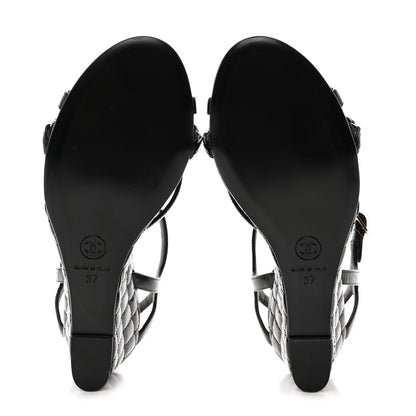 Chanel Crumpled Calfskin Quilted Wedge Sandals 37 Black 5 of 9