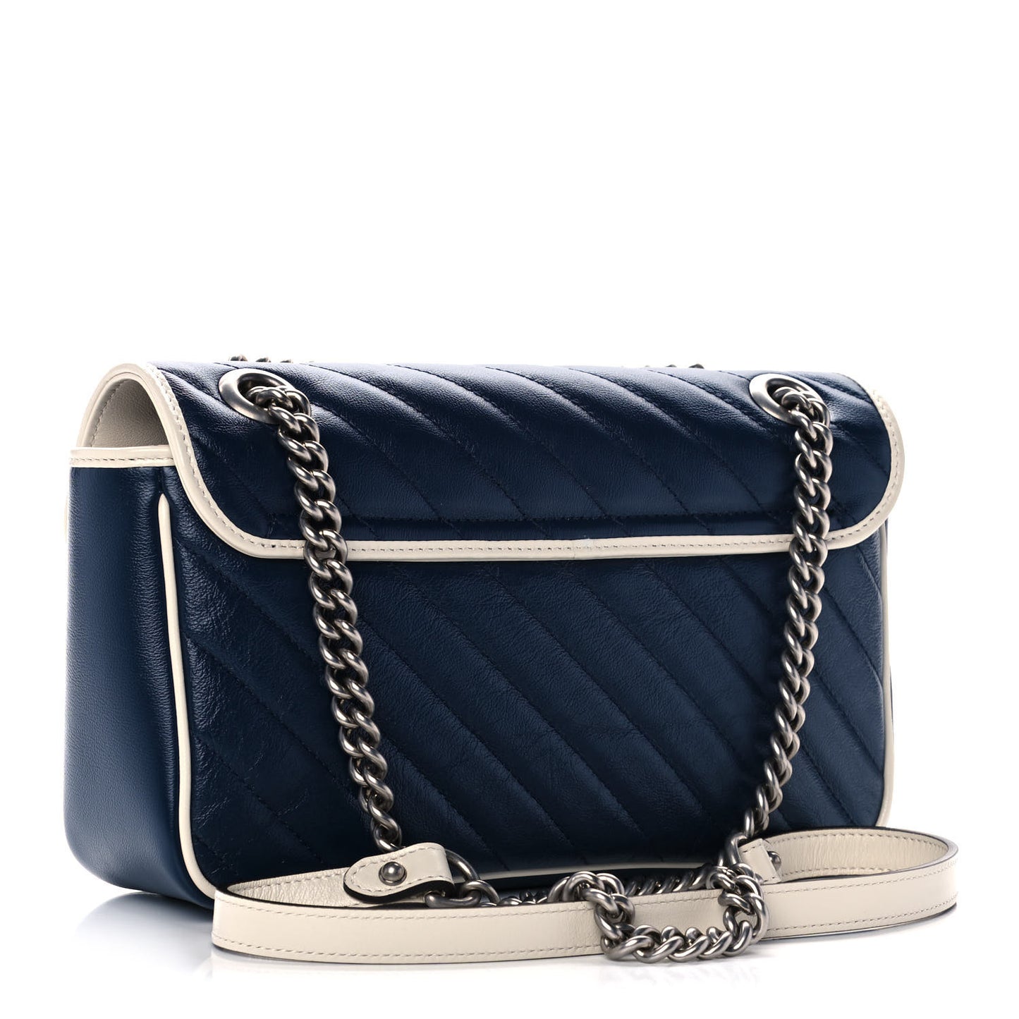 Vintage Effect Calfskin Matelasse Diagonal Small Torchon GG Marmont Shoulder Bag Blue Agata Mystic White