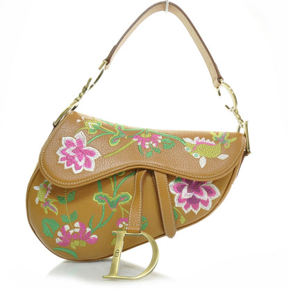 Christian Dior Grained Calfskin Floral Embroidered Saddle Bag Beige 1 of 9