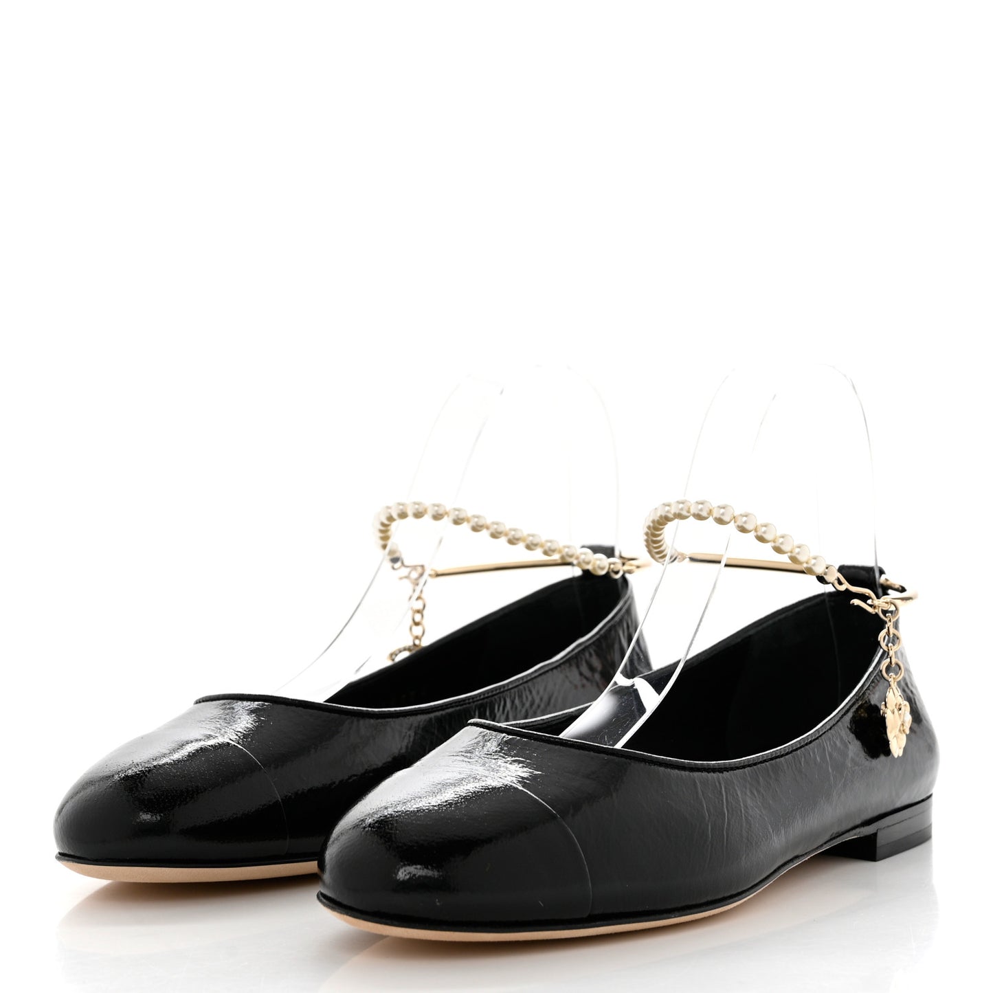 Lambskin Patent Calfskin Cap Toe Ankle Chain Ballerina Flats 37 Black