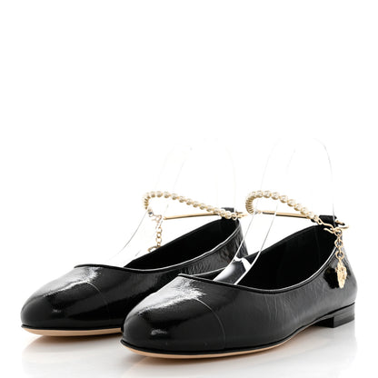 Chanel Lambskin Patent Calfskin Cap Toe Ankle Chain Ballerina Flats 37 Black 3 of 9