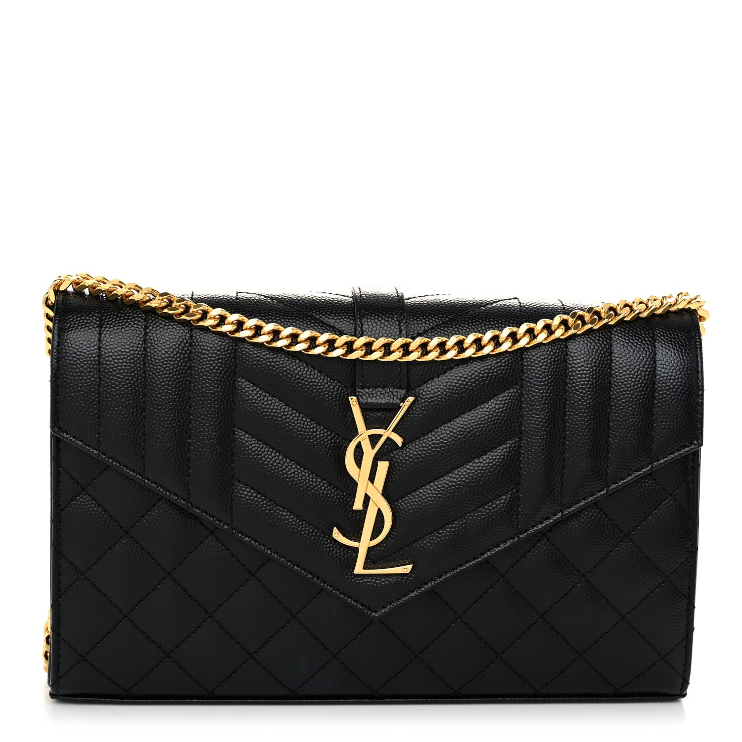Saint Laurent Grain De Poudre Mixed Matelasse Triquilt Monogram Chain Wallet Black 1 of 11