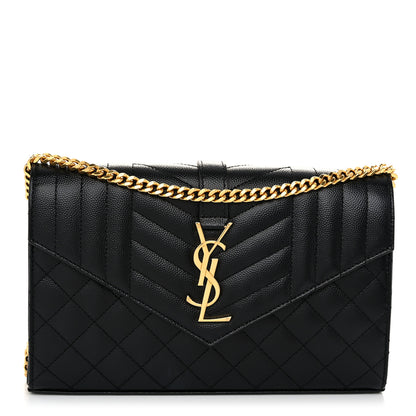 Saint Laurent Grain De Poudre Mixed Matelasse Triquilt Monogram Chain Wallet Black 1 of 11
