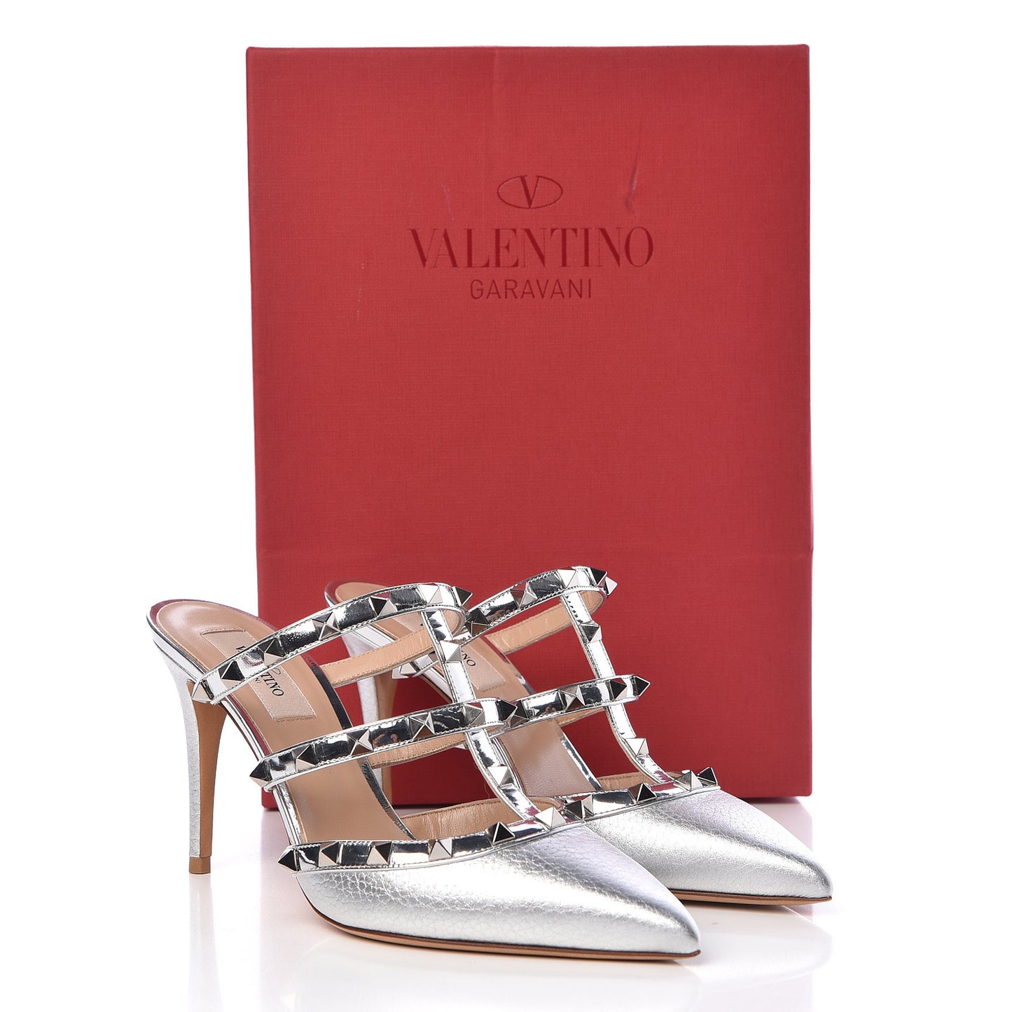 Metallic Pebbled Calfskin Rockstud 90mm Cage Mules 37 Silver