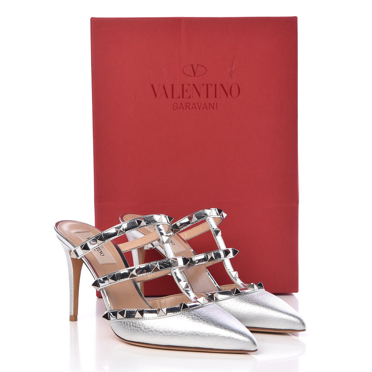 Valentino Garavani Metallic Pebbled Calfskin Rockstud 90mm Cage Mules 37 Silver 9 of 9