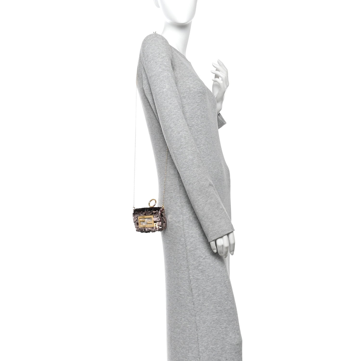 Fendi Sequin Paillettes Shiny Nappa Sex and the City Nano Maxi Buckle Baguette Charm Tortora 2 of 10