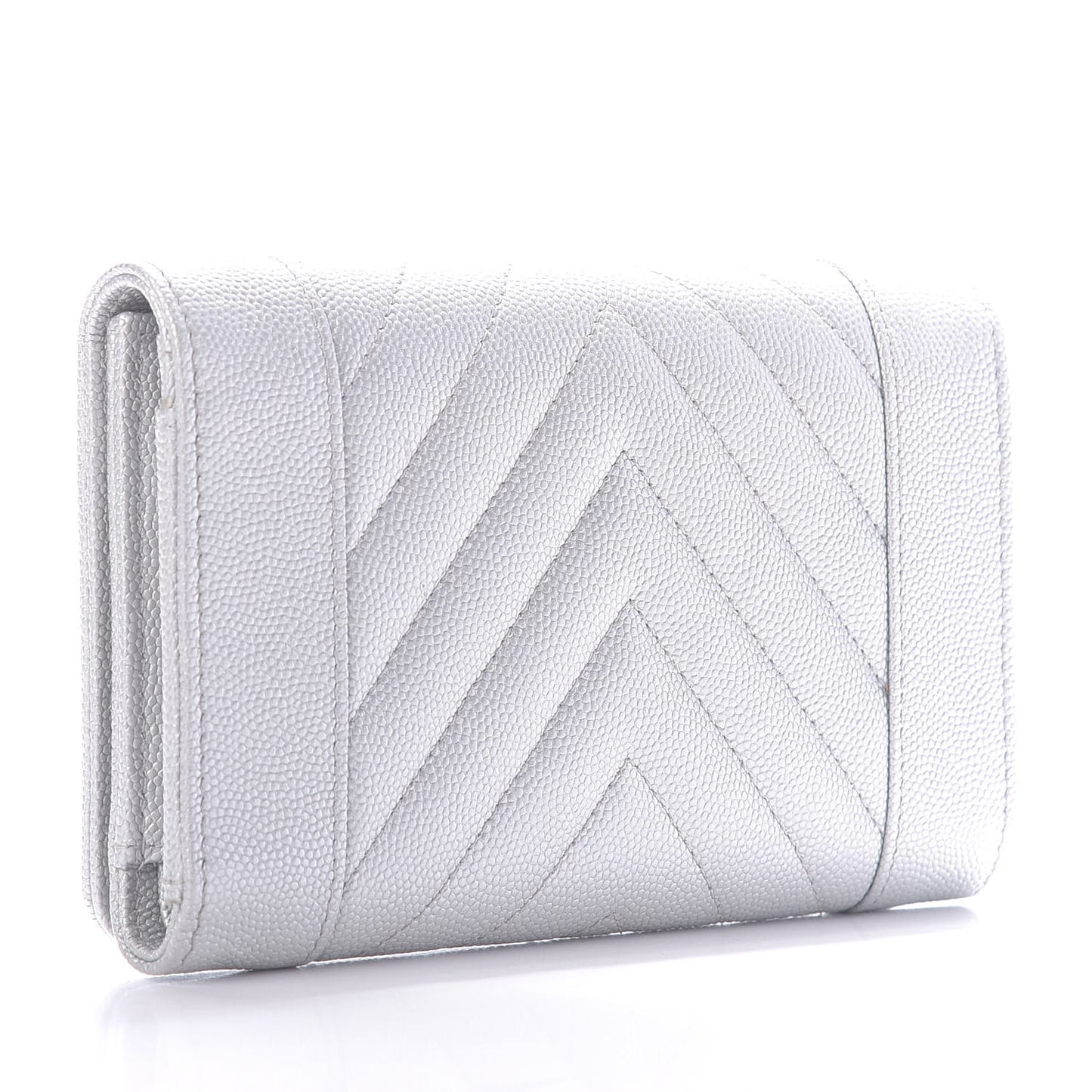 Metallic Caviar Chevron Quilted Mademoiselle Vintage Flap Wallet Silver