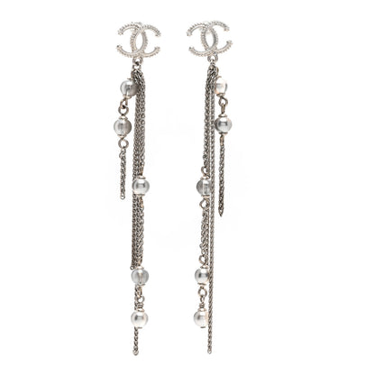 Chanel Metal Chain Pearl CC Drop Earrings Silver 1 of 4