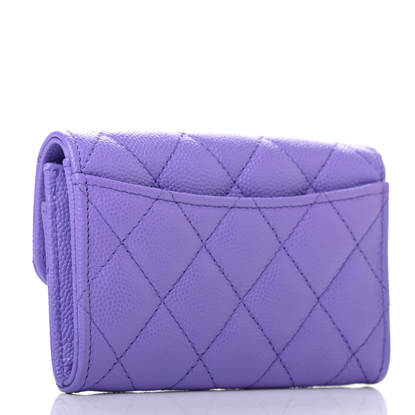 Caviar Quilted Flap Card Holder Wallet Purple