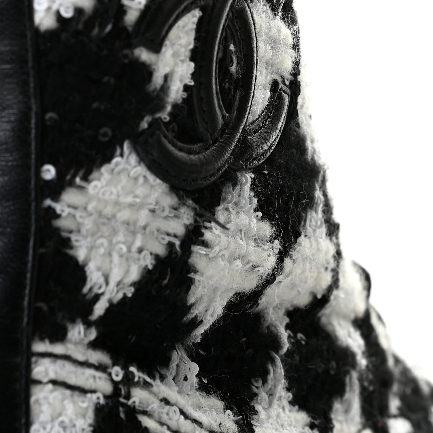 Tweed Grosgrain Pearl Combat Short Boots 40.5 White Black