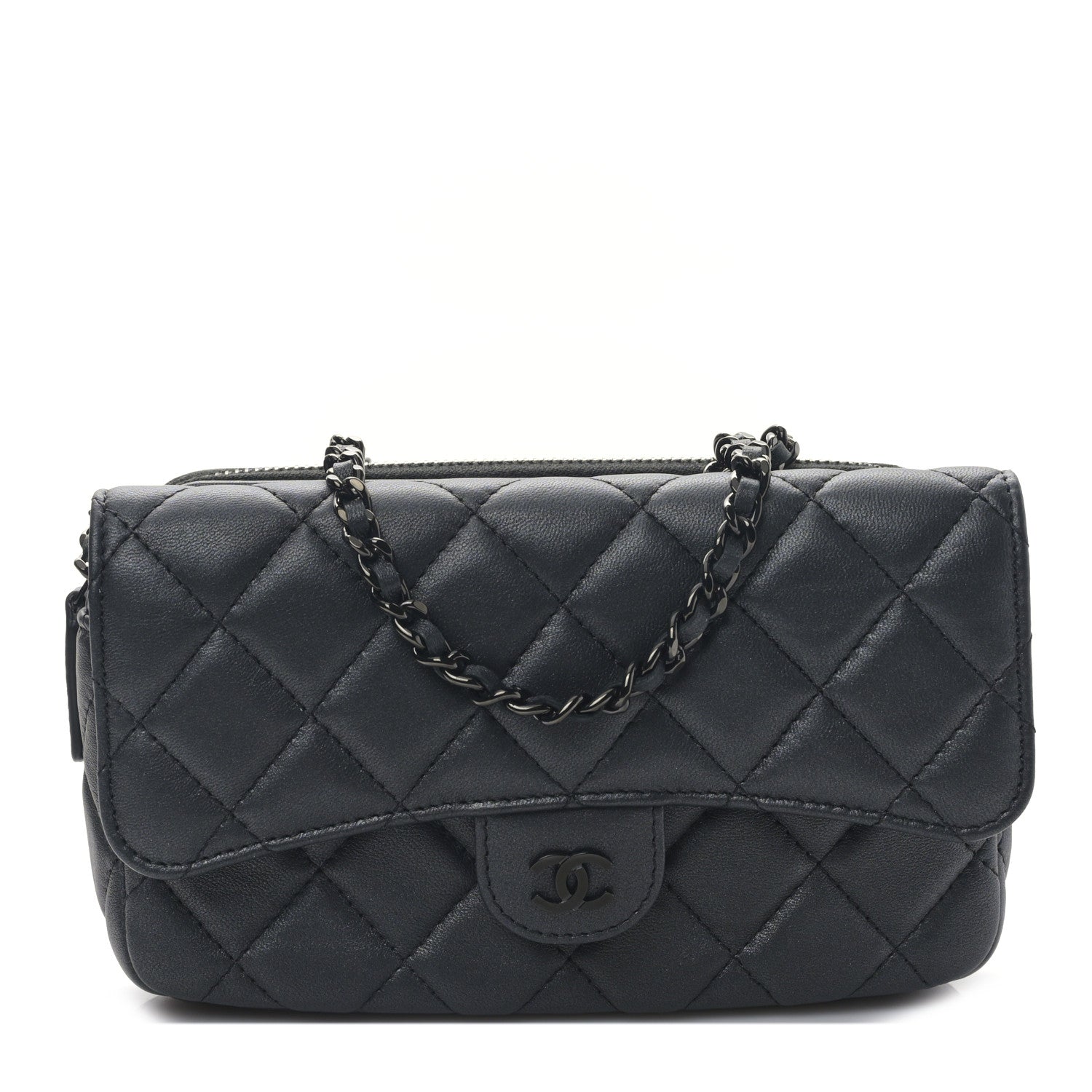 Chanel Lambskin Quilted Flap Phone Holder With Chain So Black 1 of 12