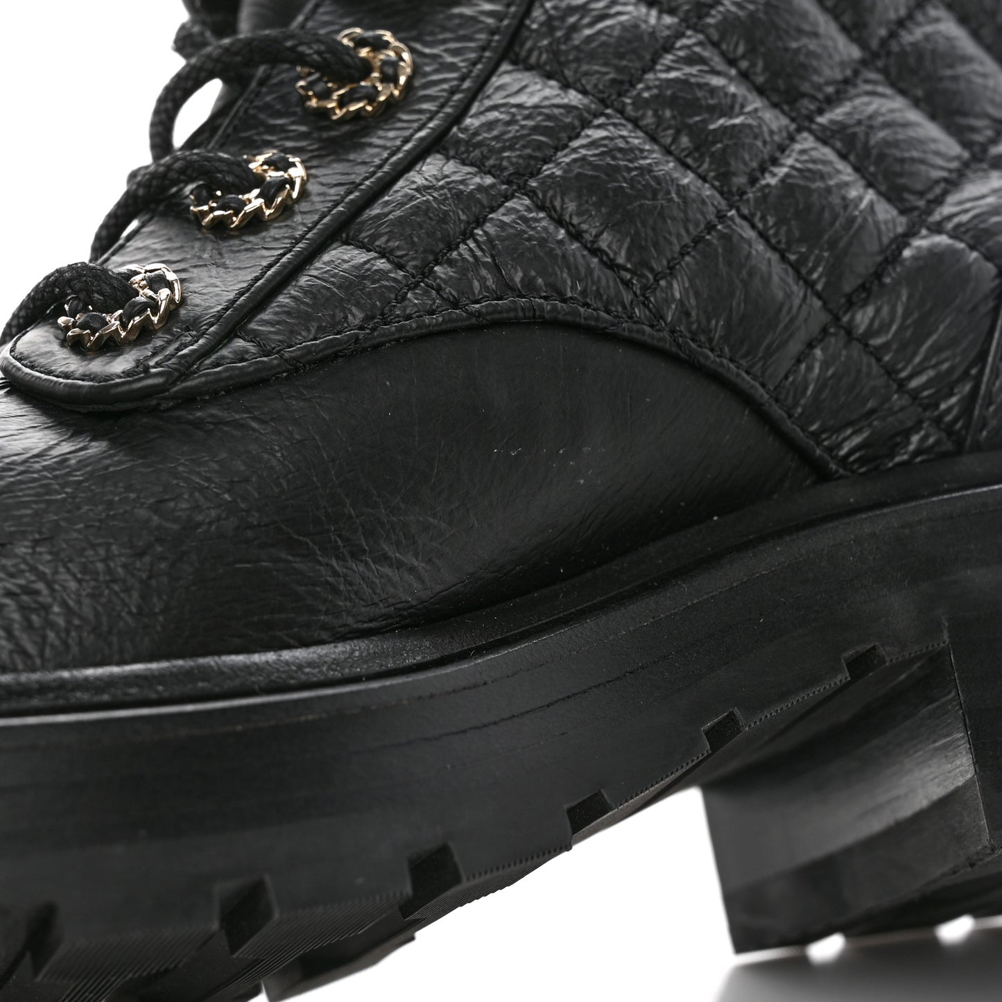 Shiny Calfskin Quilted Lace Up Combat Boots 36.5 Black