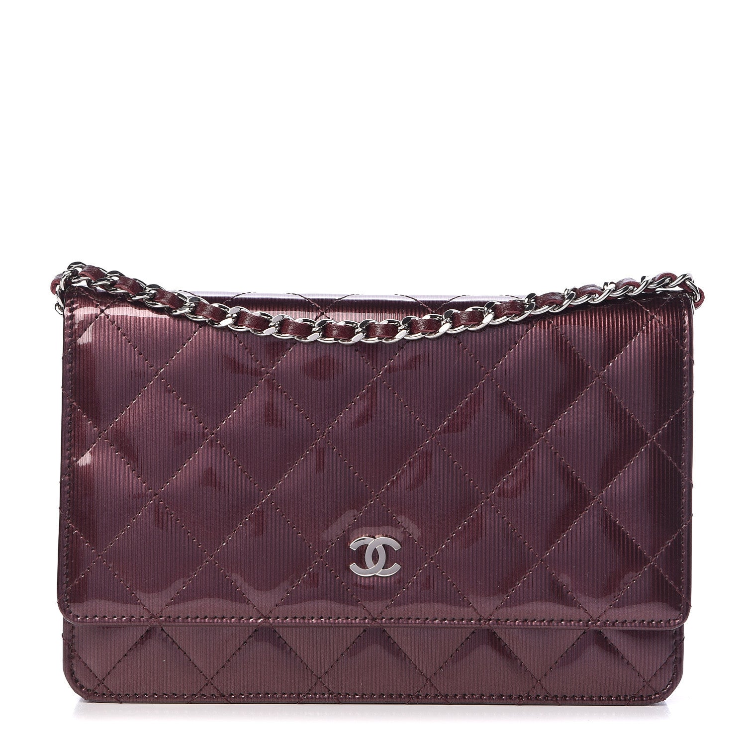 Chanel Striated Patent Quilted Wallet on Chain WOC Bordeaux 1 of 13