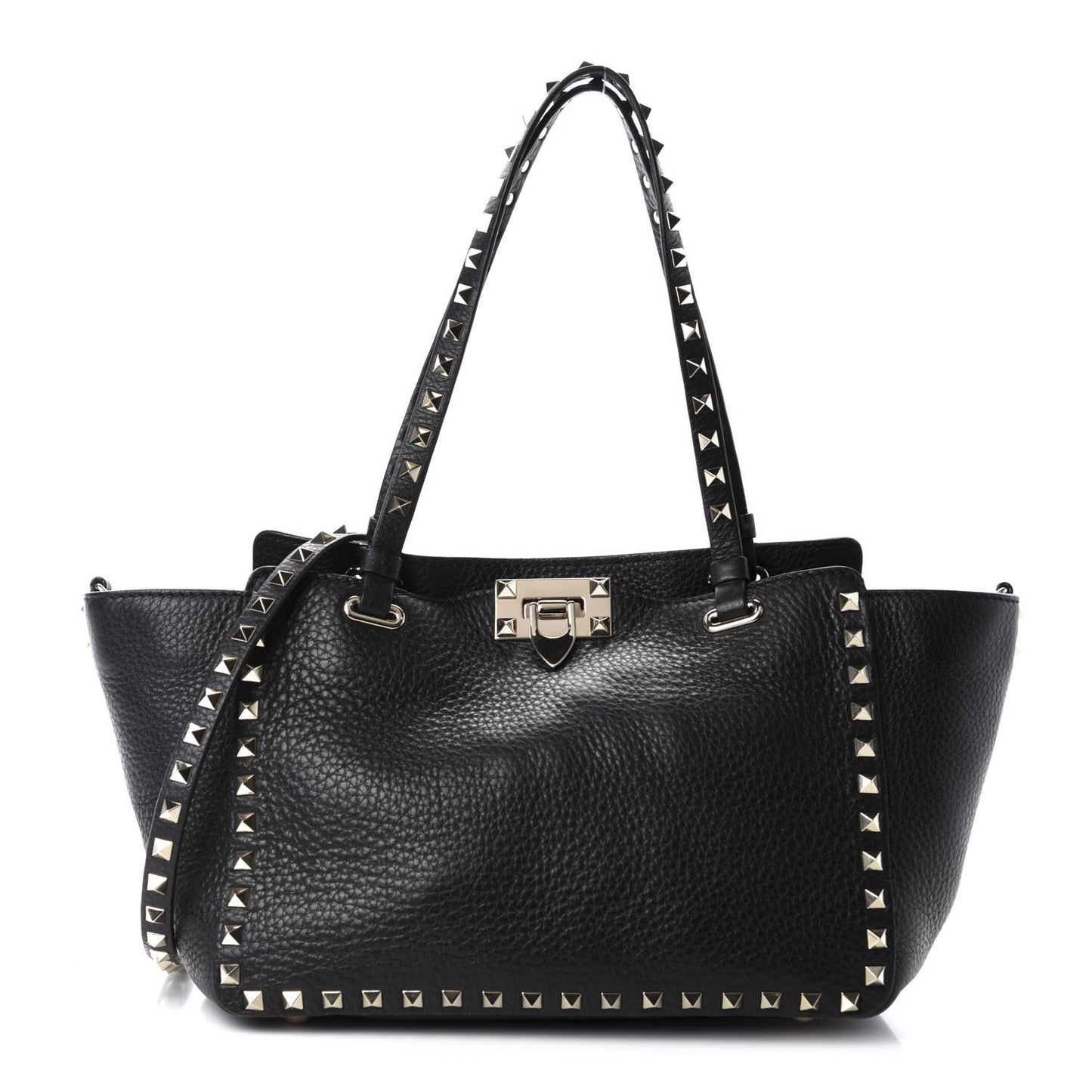 Grained Calfskin Small Rockstud Tote Black