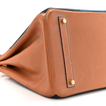 Hermes Toile Natural Barenia Flag Birkin 35 Fauve Bleu Indigo Bleu Thalassa 10 of 19
