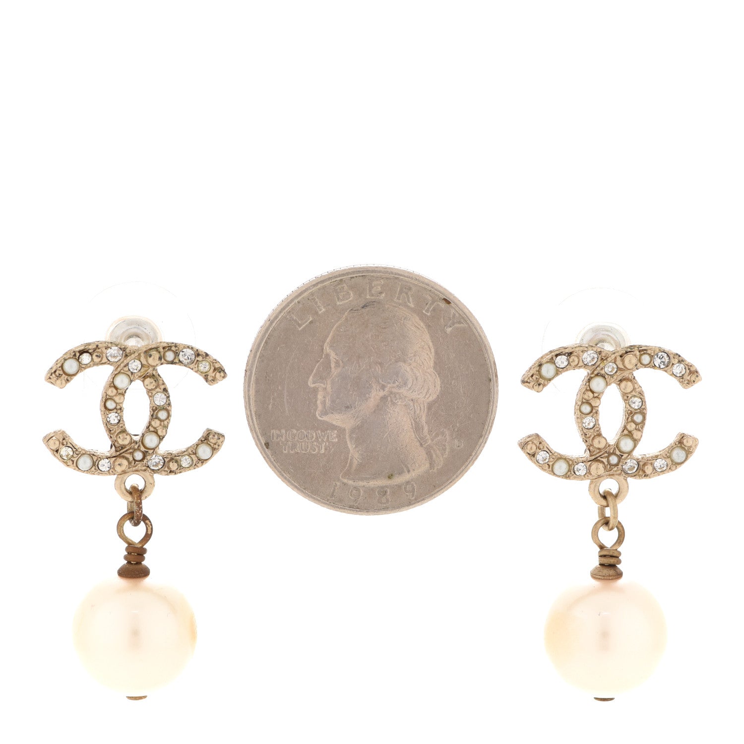 Chanel Crystal Pearl CC Drop Earrings Gold 2 of 6