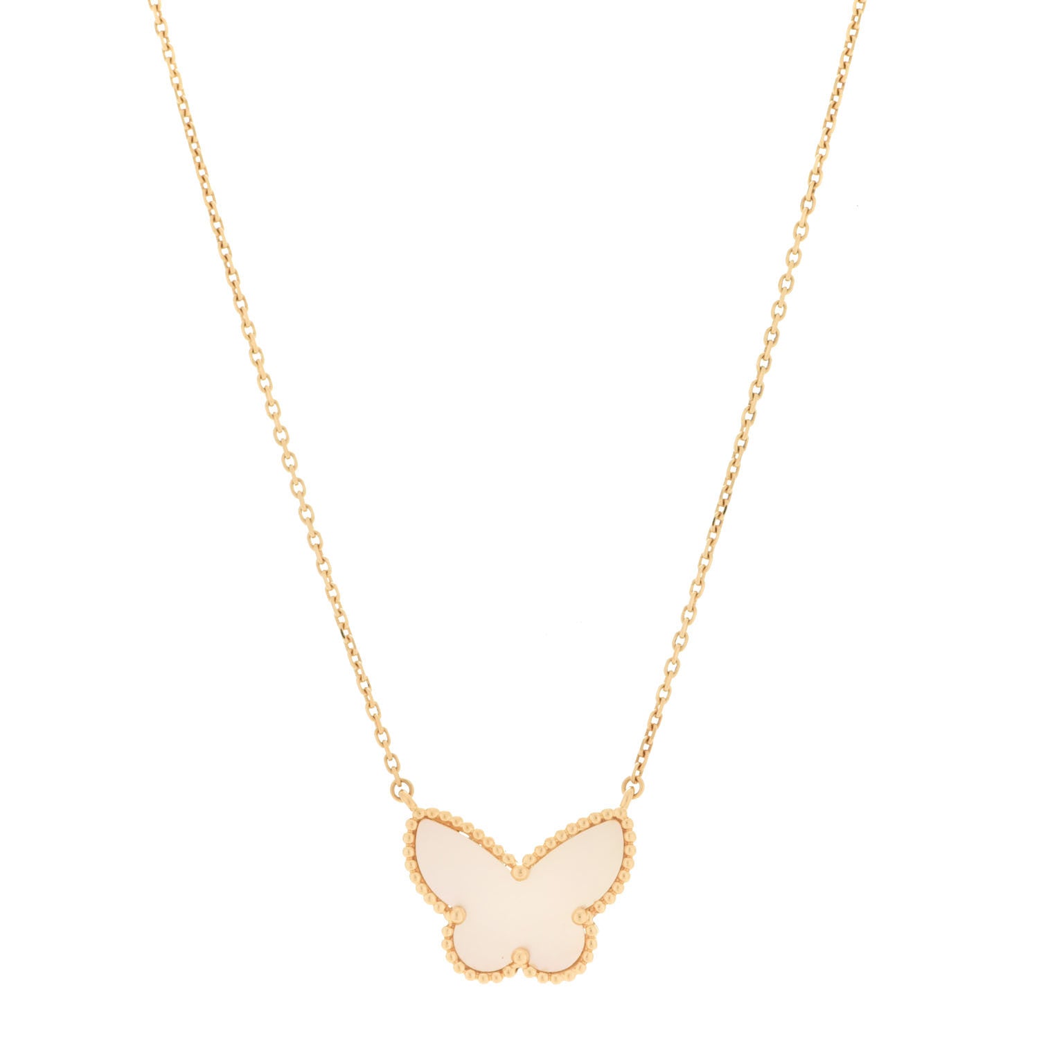 Van Cleef & Arpels 18K Yellow Gold Mother of Pearl Lucky Alhambra Butterfly Pendant Necklace 1 of 5