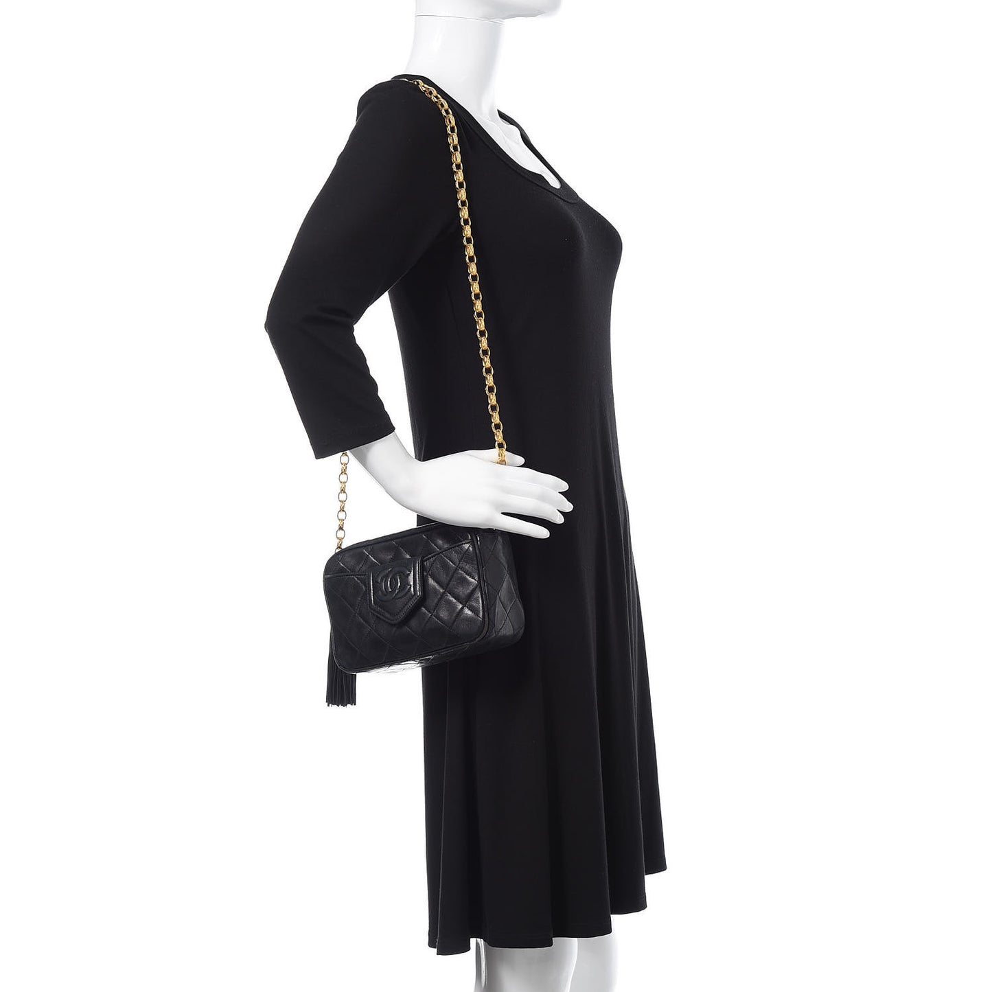 Lambskin Quilted Tassel Camera Case Black