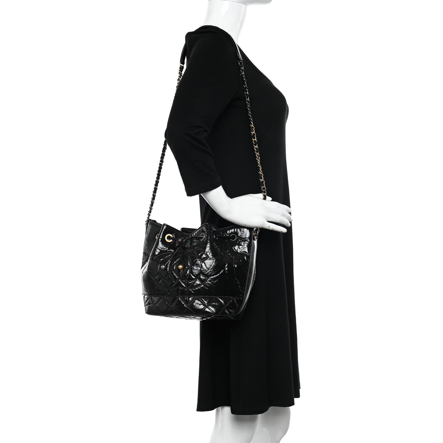 Chanel Shiny Aged Calfskin CC Chain Drawstring Bag Black 2 of 10