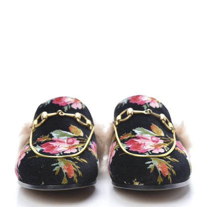 Gucci Velvet Fur Floral Womens Princetown Slippers 35 Black 2 of 7