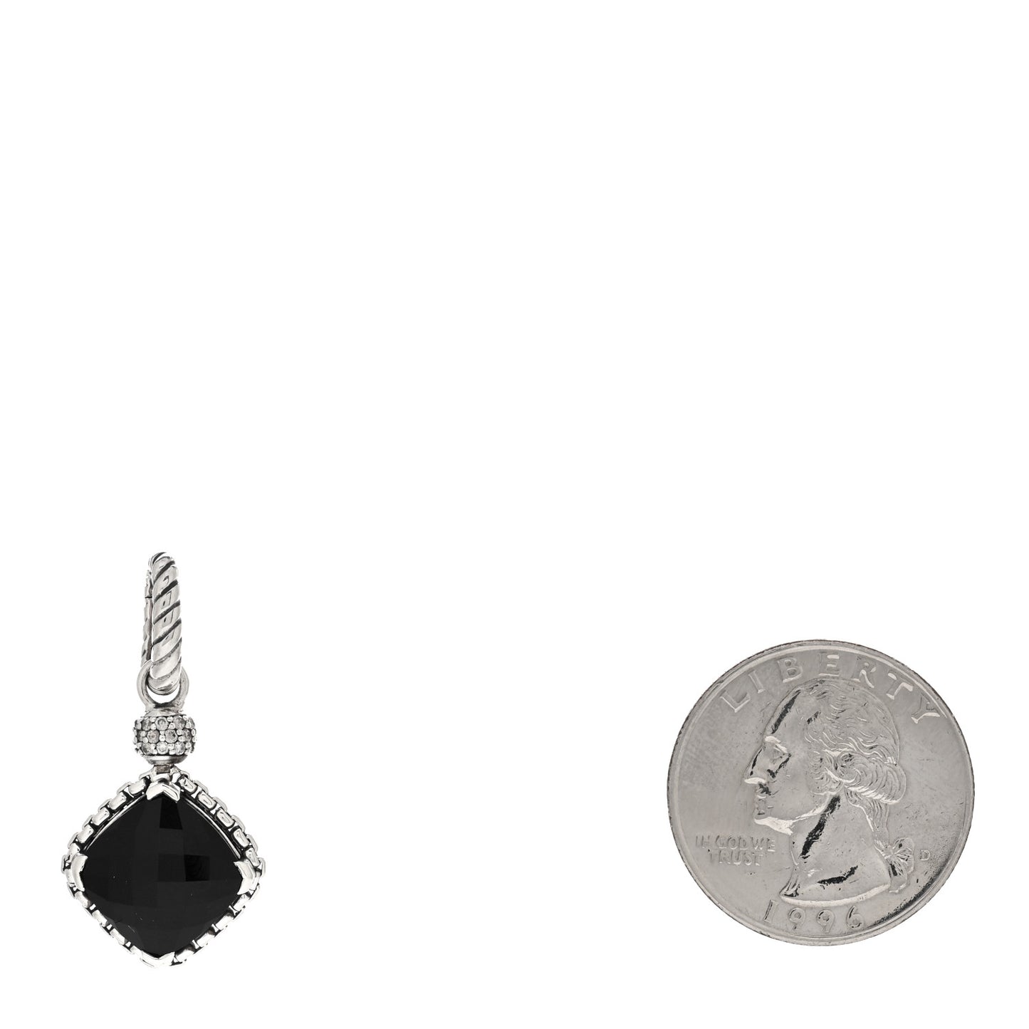 Sterling Silver Diamond Black Onyx 11mm Cushion On Point Pendant