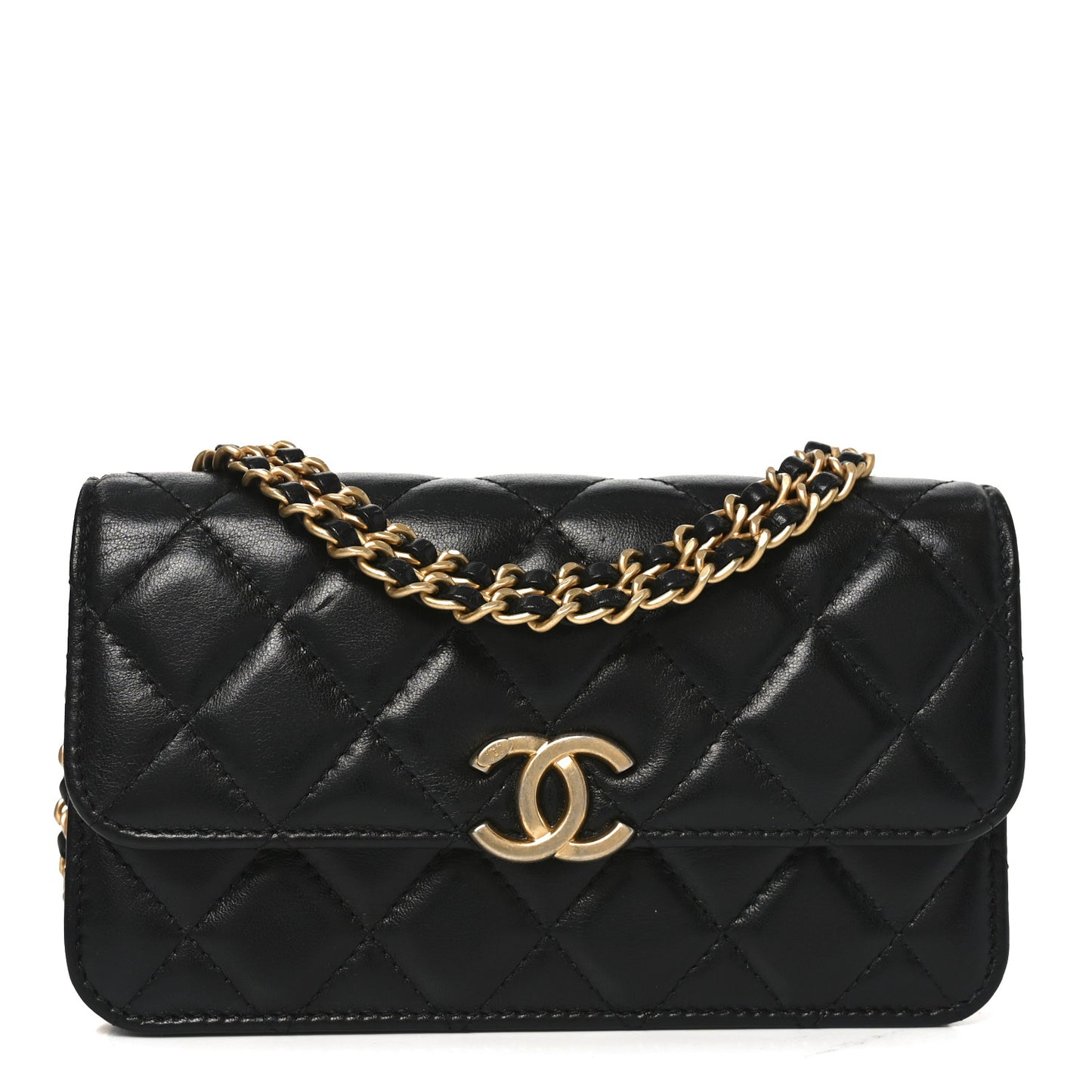 Lambskin Quilted Double Chain Flap Phone Holder With Chain Black