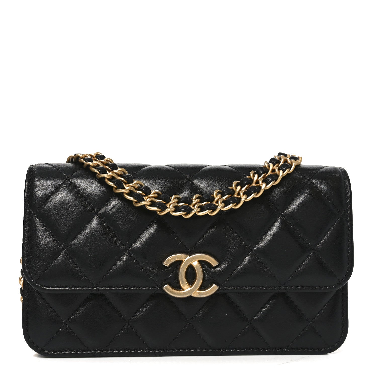 Chanel Lambskin Quilted Double Chain Flap Phone Holder With Chain Black 1 of 11