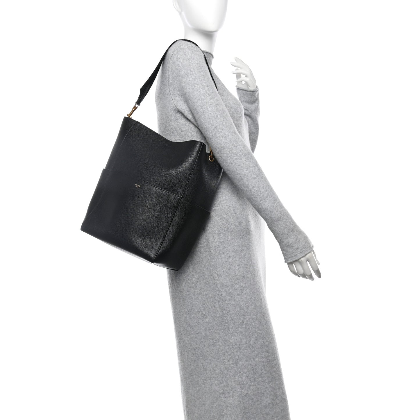 Soft Grained Calfskin Sangle Bucket Bag Black