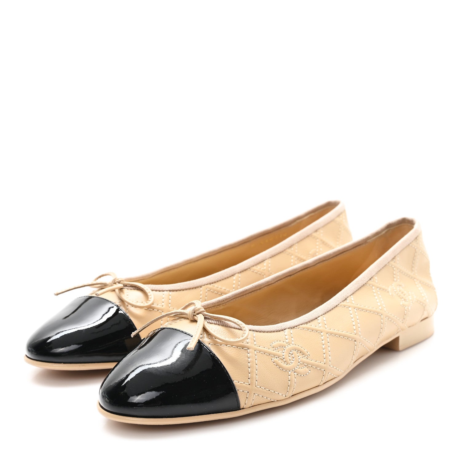 Chanel Lambskin Patent Double Stitched CC Cap Toe Ballerina Flats 41 Beige Black 4 of 9