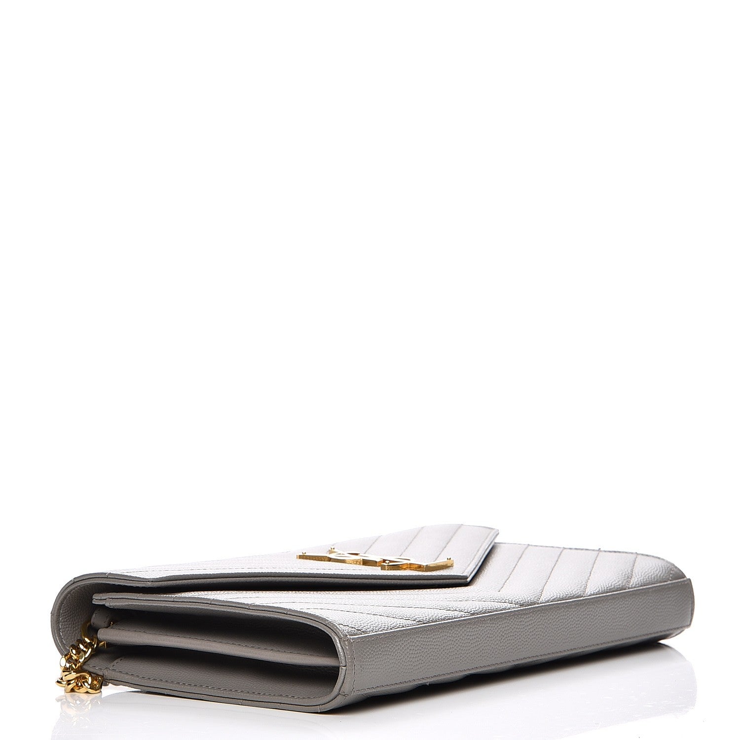 Saint Laurent Grain De Poudre Matelasse Chevron Monogram Chain Wallet Oyster Grey 4 of 7