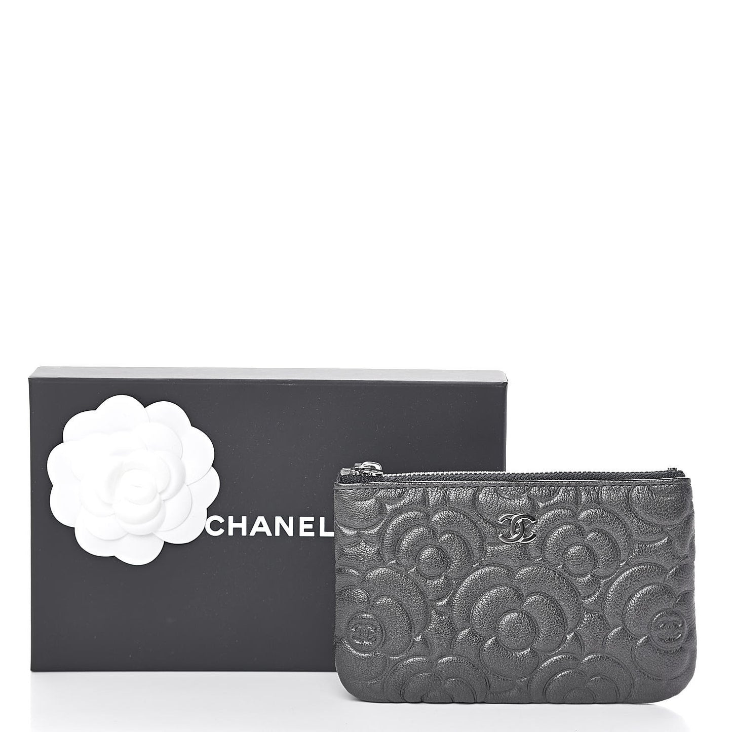 Goatskin Camellia Embossed Cosmetic Pouch Anthracite