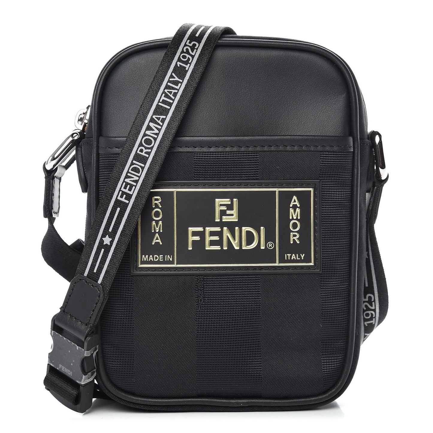 Nylon Vitello Century Pequin Logo Plate Small Crossbody Messenger Black