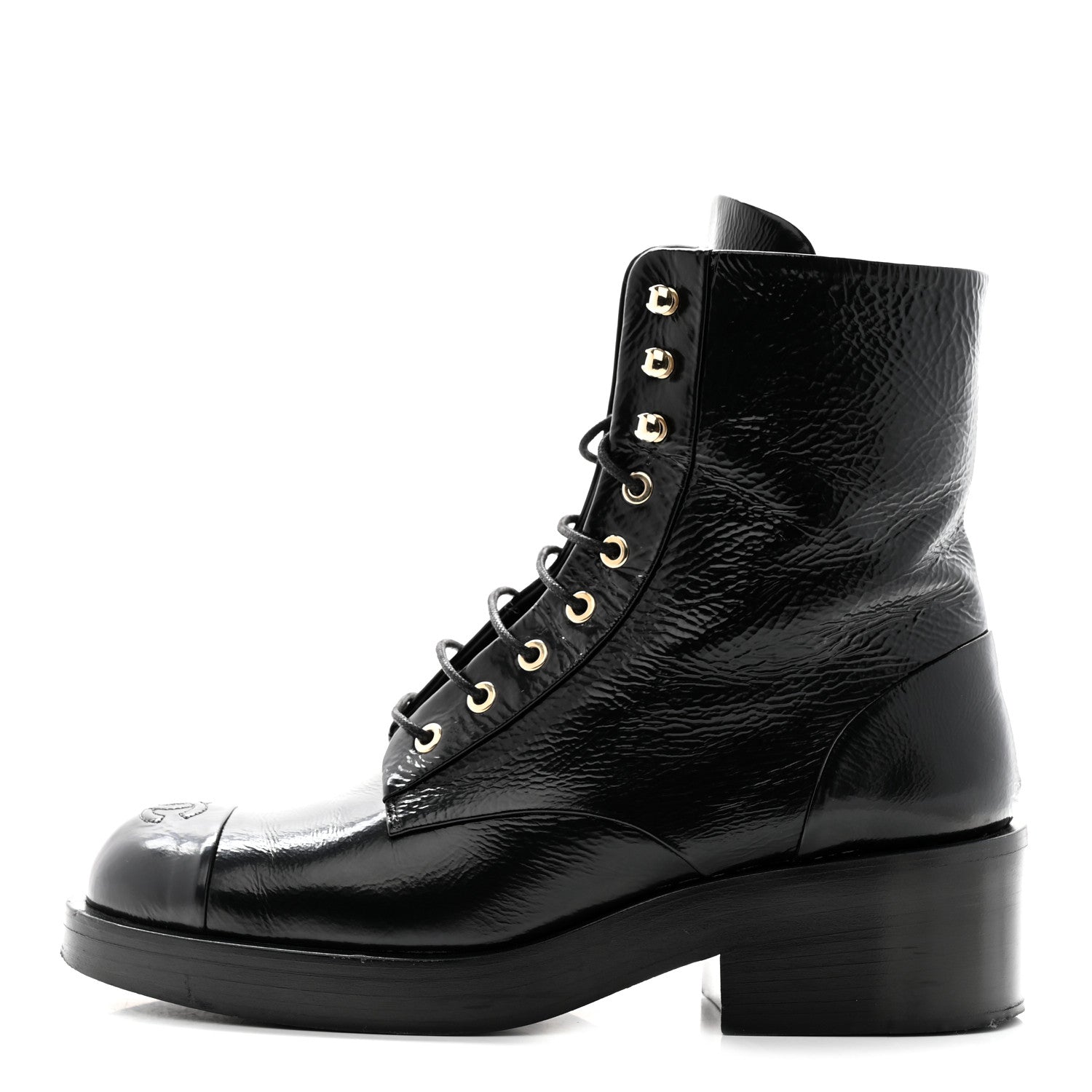 Chanel Shiny Goatskin Cap Toe Combat Boots 40.5 Black Dark Grey 1 of 19