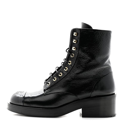 Chanel Shiny Goatskin Cap Toe Combat Boots 40.5 Black Dark Grey 1 of 19