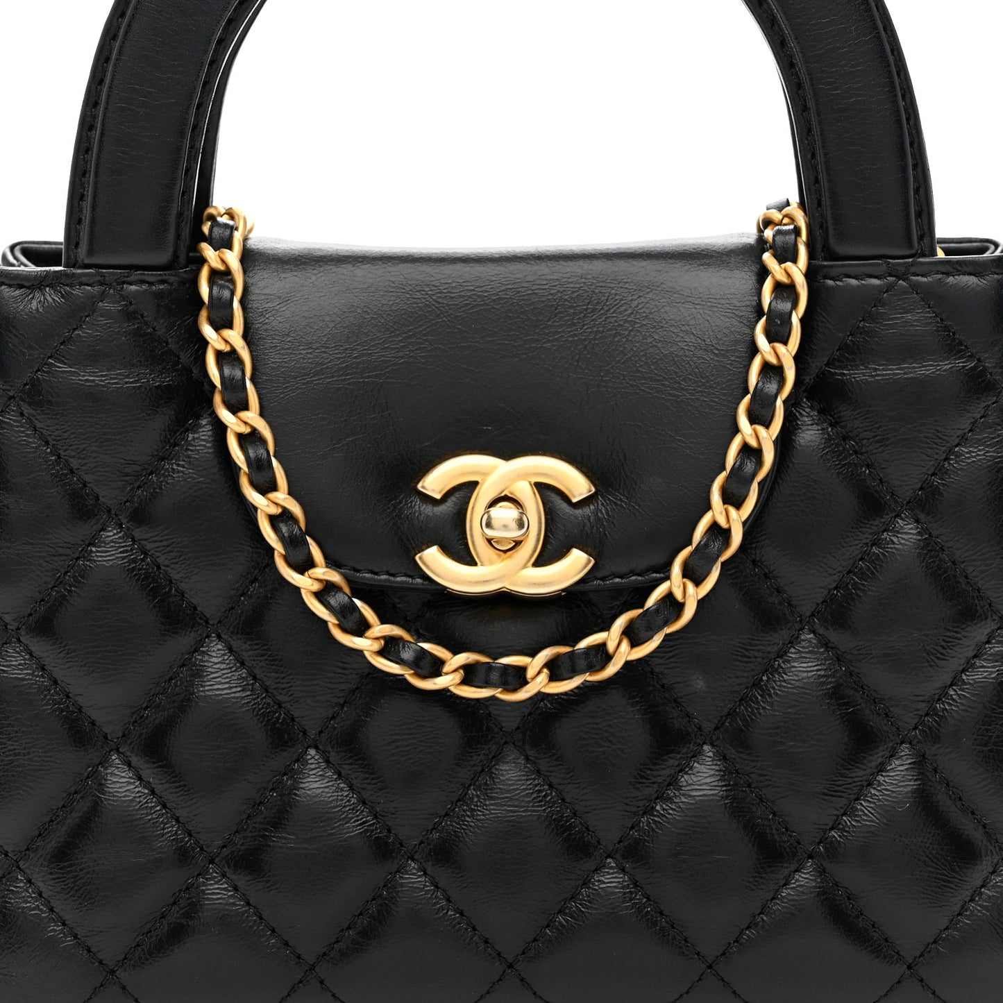 Shiny Aged Calfskin Quilted Nano Kelly Shopper Black Black