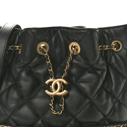 Chanel Lambskin Quilted Chain Bucket Drawstring Bag Black 8 of 10